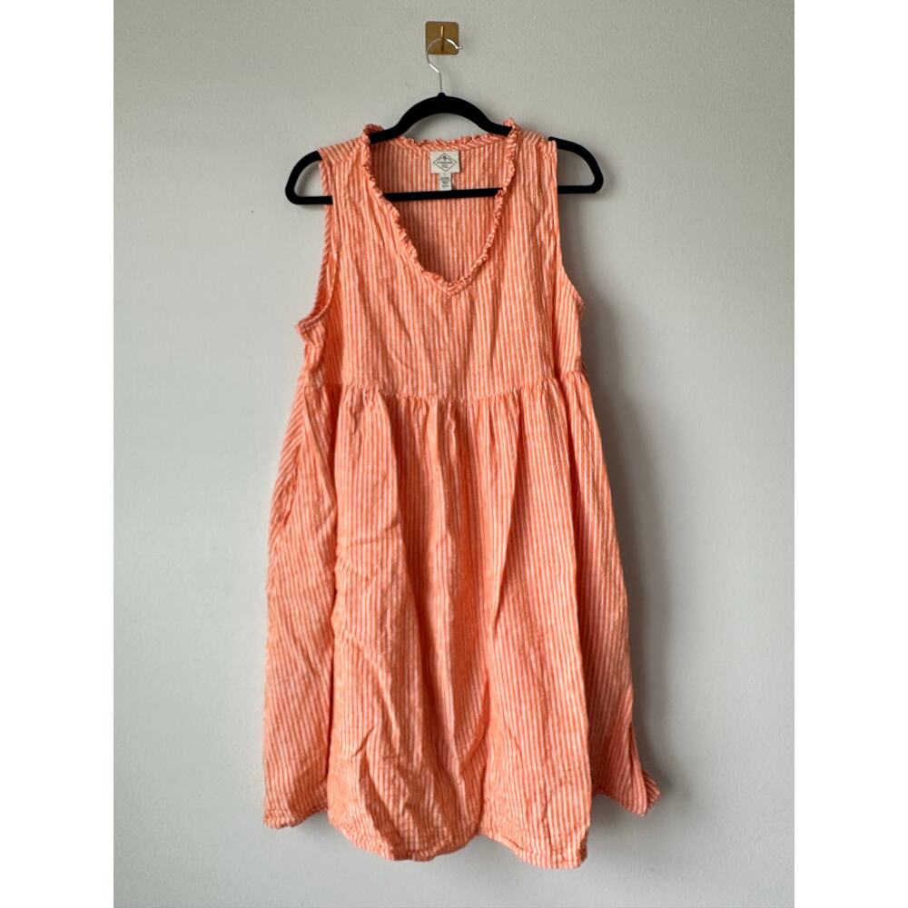 Vintage Orange Striped Linen Blend Babydoll Dress Coastal Cottagecore Size L